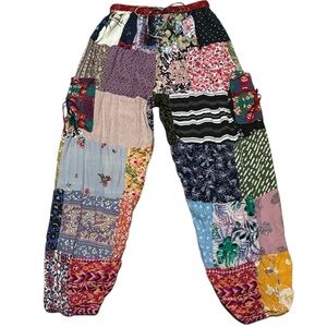 Patchwork Palozzo Pants Womens S Hippie Rayon Festival Casual Colorful Fun